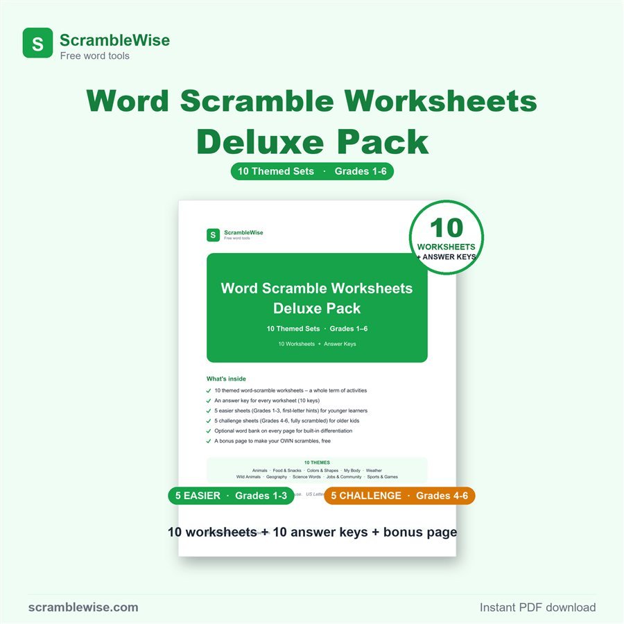 Word Scramble Deluxe Pack Grades 1-6 with 10 worksheets
