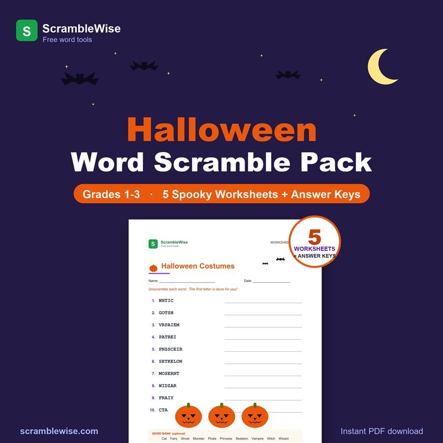 Halloween Word Scramble Worksheets for Grades 1-3 by DreamPagesCo