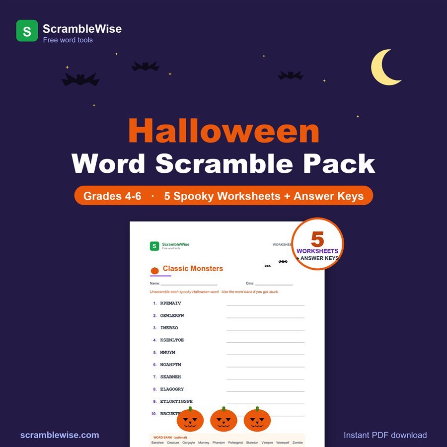 Halloween Word Scramble Worksheets Grades 4-6