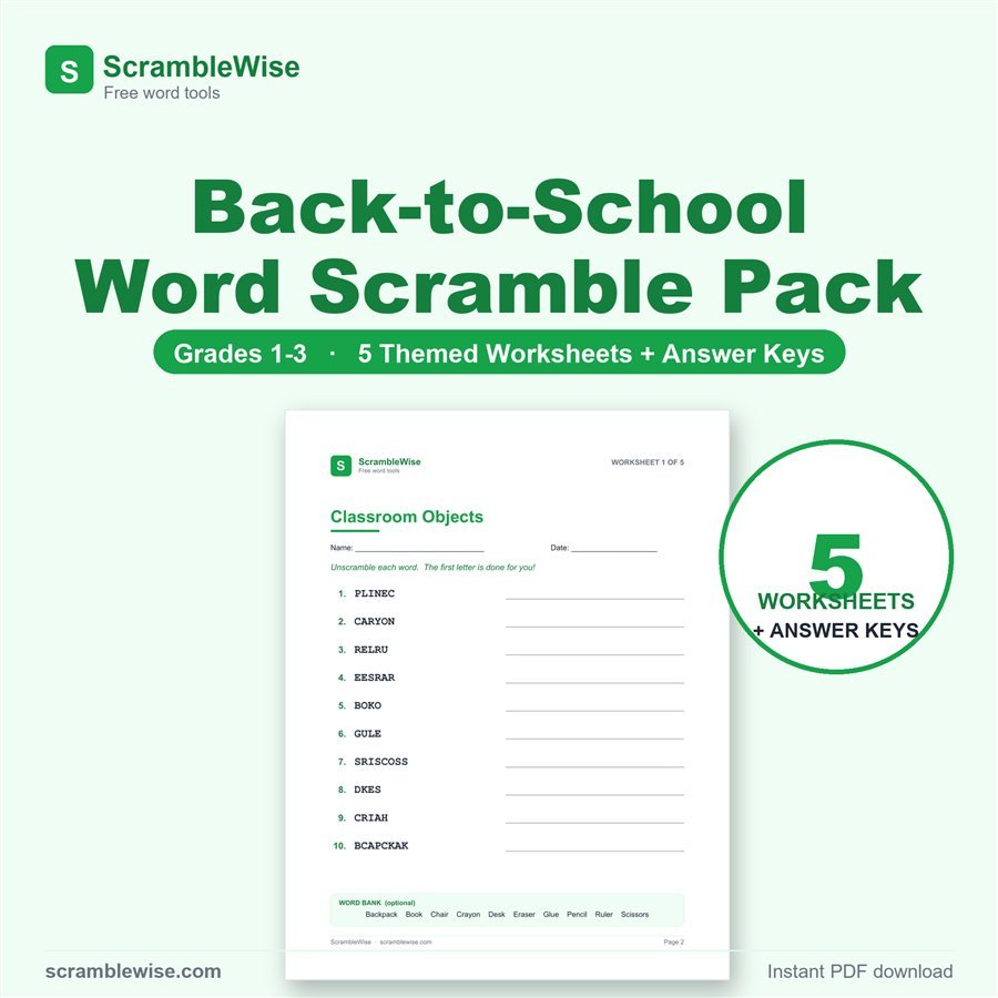 Back to School Word Scramble Worksheets Grades 1-3
